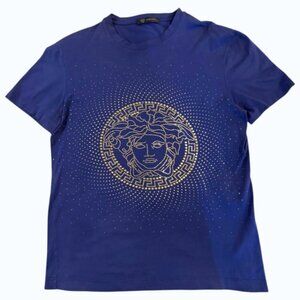 Versace Limited Edition Mens Royal Blue T-shirt Gold Studded Medusa Logo- SizeXS